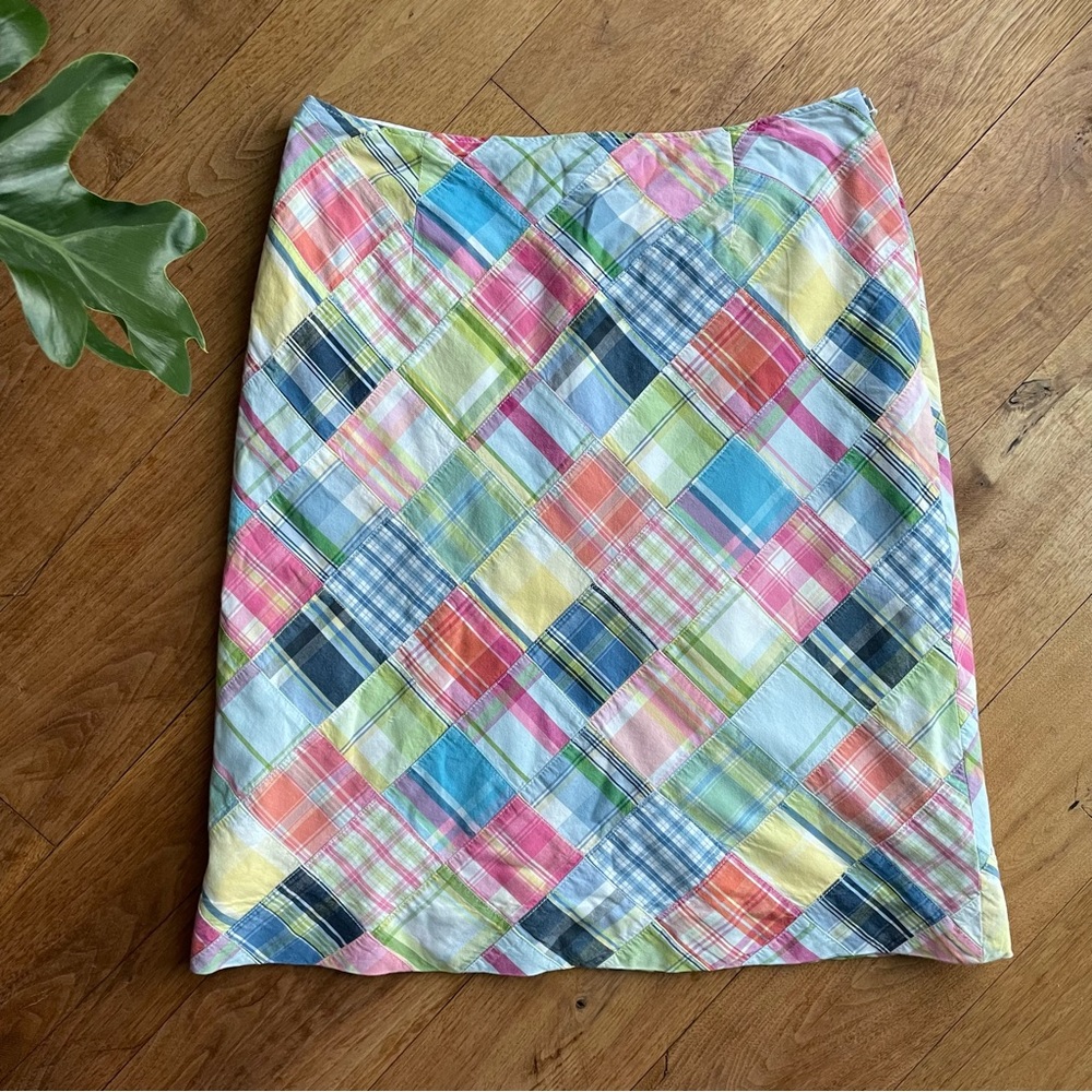 Brooks Brothers Patchwork Plaid Pencil Skirt in Pink, Blue, Yellow, Green